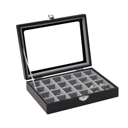 Wudygirl 24 Grid Earring Organizer Small Jewelry Box with Lid BlackGray | Ring Box with Adjustable Dividers, Velvet Lining, Ideal for Rings, Earrings, Jewelry Display, Gift Giving - style: Black Gray 24 Grid