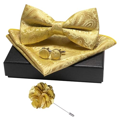 JEMYGINS Mens Paisley Bow Tie and Lapel Pin Necktie Pocket Square and Tie Clip with Sets for Business Casual 4PCS - color: Gold/Yellow