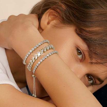 GEMOSA 3 Pcs Tennis Bracelets for Women Silver Gold Bule CZ Braclet Set | Marquise Cubic Zirconia CZ Diamond, Dainty Adjustable Silver Gold Bule Bracelets, for Women Brides, Stackable Fashion Jewelry - color: Gold