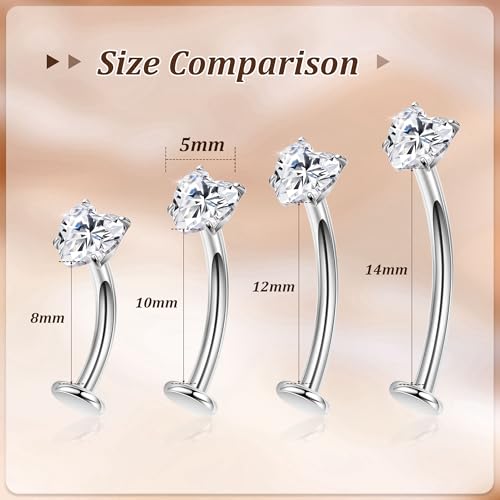 NICEIGHT 14G F136 Pure Titanium Floating Belly Button Rings for Women Petite Flat Back CZ Belly Rings Opal Barbell Heart Curved Navel Ring Internally Threaded Belly Piercing Jewelry 8/10/12/14mm - color: Silver-Heart CZ, size: 12mm (Slightly Longer)