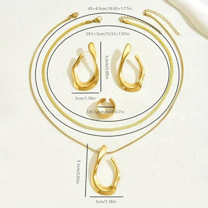 5PCS Gold Plated Jewelry Set for Women Valentine Anniversary Birthday Friendship Holiday Gift,Stainless Steel Necklace Earrings Ring Set