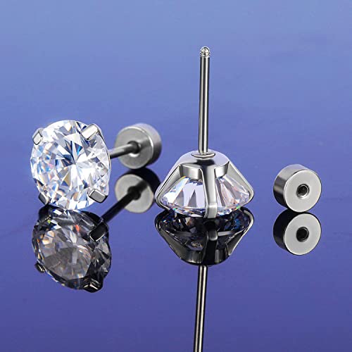 VOLUKA Cubic Zirconia Stainless Steel Screw Flat Back Earring - Hypoallergenic Stud Earrings for Women & Men - 316L Titanium CZ Stud Earrings for Nickel-Free, Trendy & Elegant - color: 1 Pair- 6mm Flat Back -White