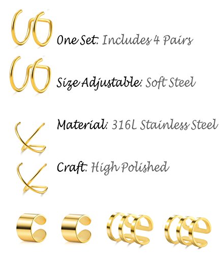 4-10 Pairs Stainless Steel Ear Cuff Helix Cartilage Clip On Wrap Earrings Fake Nose Ring Non-Piercing Adjustable - color: B1: 4 Pairs, Gold Tone