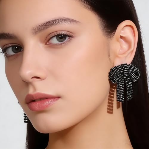 Rhinestone Earrings Dangling for Women Sparkly Silver Dangle Earrings Girls Long Chandelier Earrings Tassel Lightweight Ear Studs Cubic Zirconia (KE001S-W) - color: Bow BXE013BK