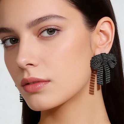 Rhinestone Earrings Dangling for Women Sparkly Silver Dangle Earrings Girls Long Chandelier Earrings Tassel Lightweight Ear Studs Cubic Zirconia (KE001S-W) - color: Bow BXE013BK
