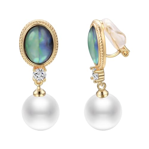 Yoursfs Abalone Shell Pearl Clip On Earrings for Women Colorful Cubic Zirconia Earrings Non Pierced Freshwater Pearl Drop Dangle Earring Trendy Jewelry - style: Abalone Shell Pearl Earrings