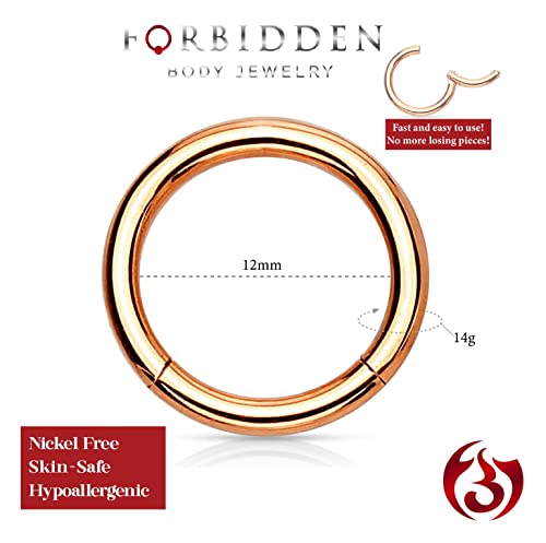 Forbidden Body Jewelry 316L Surgical Steel Hinged Seamless Nose Rings Hoop 14G 16G 18G, Diameter 6mm 8mm 10mm 12mm, Gold/Rose Gold/Silver/Black/Rainbow Colors. - style: 14g 12mm - Rose Gold