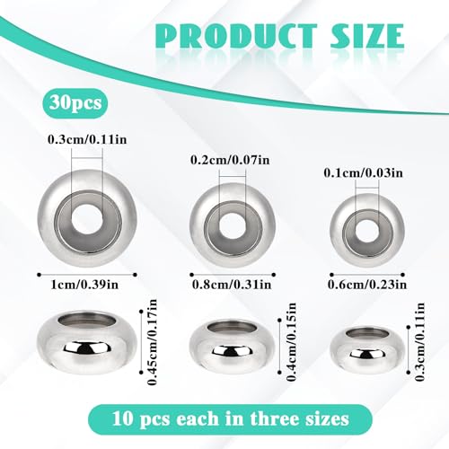 30pcs Stopper Beads for Charm Bracelets, 304 Stainless Steel Spacer Beads Adjustable Beads Slider Metal Loose Beads 6/8/10mm with Insert Rubber Locating Rings for DIY Bracelets Necklace Jewelry Making - color: silver