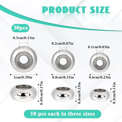 30pcs Stopper Beads for Charm Bracelets, 304 Stainless Steel Spacer Beads Adjustable Beads Slider Metal Loose Beads 6/8/10mm with Insert Rubber Locating Rings for DIY Bracelets Necklace Jewelry Making - color: silver