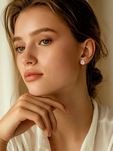 FindChic Birthstone Earrings for Women, Round/Heart/Square/Teardrop Earrings with 925 Sterling Silver Posts & Push Backs, Hypoallergenic Studs with Cubic Zirconia, 12 Months Jewelry with Gift Box - style: 10. October-Pink Tourmaline (Teardrop)