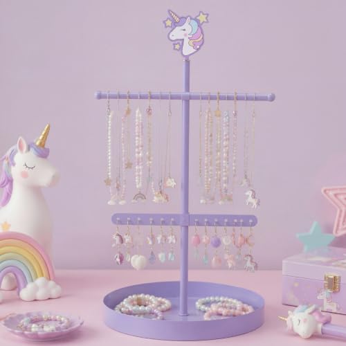 Gerrii pastels unicorn Jewelry Holder Organizer Stand 3 In1 Decorative Display Jewelry Towers Tree Organizer Hanger Metal Storage Rack for Earrings Necklaces with Ring Tray - color: Pastels, style: Unicorn
