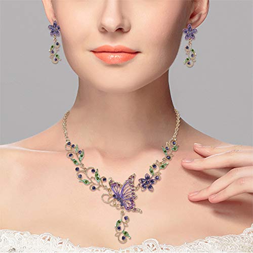 EleQueen Women's Crystal Butterfly Flower Leaf Necklace Earrings Set | Crystal Jewelry Set for Brides Bridesmaids, Necklace Set for Party - color: Gold-Tone Purple