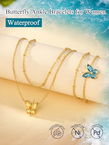 Suplight Gold Plated Butterfly Anklets for Women Waterproof, Layered Boho Ankle Bracelet with Birthstone, Stainless Steel Adjustable Non-Tarnish Heart Foot Jewelry Beach Vacation - color: 11. Butterfly-Nov. Yellow Topaz