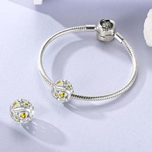 LNQOBU 925 Sterling Silve Lucky Birthstone Charm for Bracelets, With 5A Cubic Zirconia Birthday Charms Dangle Pendant Bead for Pandora Bracelets and Necklaces - color: K1-November