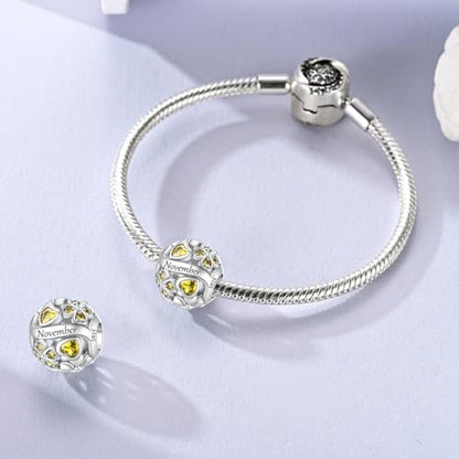 LNQOBU 925 Sterling Silve Lucky Birthstone Charm for Bracelets, With 5A Cubic Zirconia Birthday Charms Dangle Pendant Bead for Pandora Bracelets and Necklaces - color: K1-November