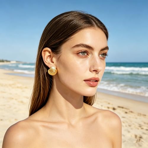 Gold Statement Earrings For Women, 14K Gold Plated Textured Geometric Drop Earrings - Hypoallergenic Stainless Steel Statement Earrings for Women, Waterproof Fan-Shaped Dangle Earrings for Beach & Daily Wear - color: Starfish seashell DKE252019GL