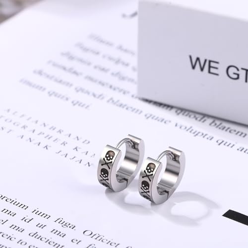 Aroncent 2-8Pcs Womens Mens Huggie Hoop Triangle Earrings Viking Runes Stainless Steel Ear Stud Novelty Black/Gold/Silver - color: D-Skull Hoop Earrings-Sliver