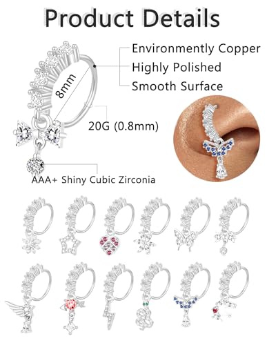Akeoqi 12Pcs Nose Ring Hoop Cartilage Earring Cute Leaf Star CZ Butterfly Paved Nose Piercing Jewelry for Women men Silver Gold Plated 20G - color: F：New Silver Drop