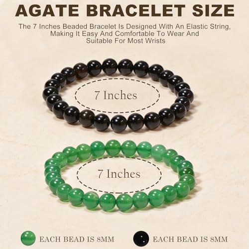 2PCS Agate Bracelet for Women Men Natural Round Beaded Agates Stone Healing Stretch Bracelets Elastic Handmade Polished Gemstone Beads Bracelet - color: Black+Green, size: 8mm Beads