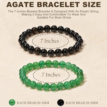 2PCS Agate Bracelet for Women Men Natural Round Beaded Agates Stone Healing Stretch Bracelets Elastic Handmade Polished Gemstone Beads Bracelet - color: Black+Green, size: 8mm Beads