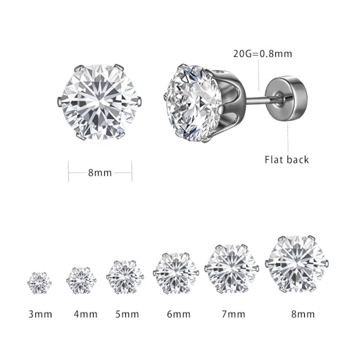 VOLUKA Cubic Zirconia Stainless Steel Screw Flat Back Earring - Hypoallergenic Stud Earrings for Women & Men - 316L Titanium CZ Stud Earrings for Nickel-Free, Trendy & Elegant - color: 6 Pairs- 3-8mm Flat Back -White