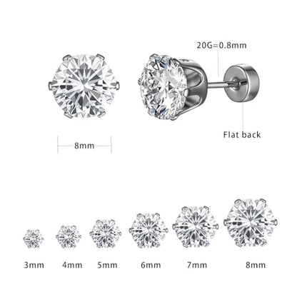 VOLUKA Cubic Zirconia Stainless Steel Screw Flat Back Earring - Hypoallergenic Stud Earrings for Women & Men - 316L Titanium CZ Stud Earrings for Nickel-Free, Trendy & Elegant - color: 6 Pairs- 3-8mm Flat Back -White