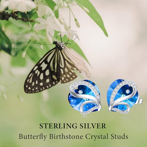 Butterfly Heart Birthstone Crystal Stud Earrings for Women S925 Sterling Silver Heart Birthstone Studs Birthday Gifts for Wife Mother Daughter Girlfriend Mom - color: 09-September