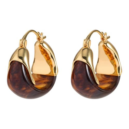 18K Gold Plated Chunky Hoop Earrings with Amber Resin Accent, Retro Teardrop Huggie Earrings for Women, Lightweight Statement Jewelry