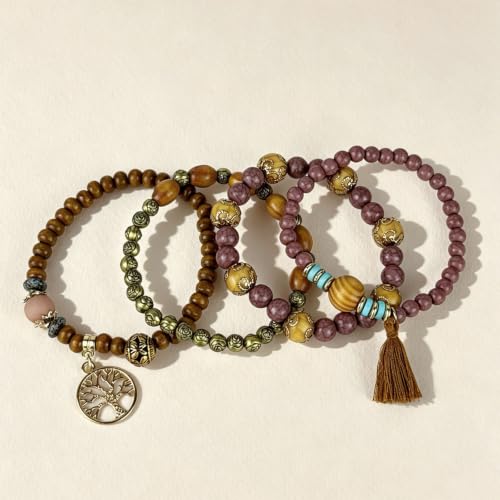4Pcs Boho Vintage Caramel Tone Wooden Beaded Bracelet Set, Multi-Strand Tassel Stretch Turquoise Jewelry for Women