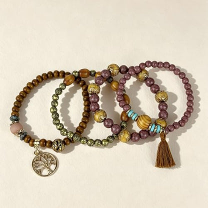 4Pcs Boho Vintage Caramel Tone Wooden Beaded Bracelet Set, Multi-Strand Tassel Stretch Turquoise Jewelry for Women