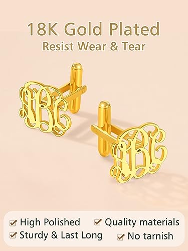 FindChic Stainless Steel Round Cufflinks with Custom Text/Picture/Monogram Letters 18K Gold Plated/Black Color for Men Groom Suits Shirts, with Gift Box - style: 04. custom 3 monograms (gold plated)