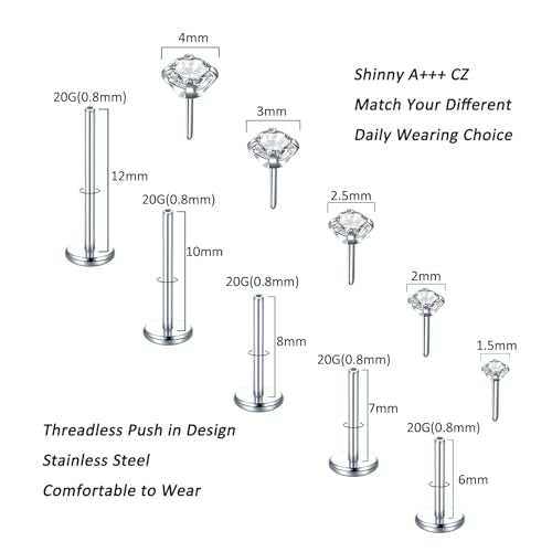 Aumeo 20G 18G 16G Threadless Push in Nose Rings Studs Surgical Steel Labret Jewelry Monroe Lip Rings Studs Medusa Ashley Piercing Jewelry for Women - color: Silver, size: 20g*6/7/8/10/12mm