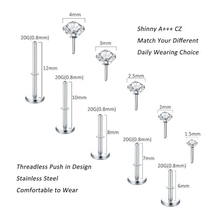 Aumeo 20G 18G 16G Threadless Push in Nose Rings Studs Surgical Steel Labret Jewelry Monroe Lip Rings Studs Medusa Ashley Piercing Jewelry for Women - color: Silver, size: 20g*6/7/8/10/12mm