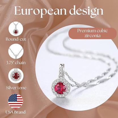 925 Sterling Silver Wedding Jewelry Set for Women - Sapphire Tone Gemstone Pendant Necklace and Stud Earrings with Cubic Zirconia Halo Design - Premium Rhodium Plated Finish - color: Red