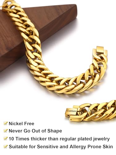 ChainsHouse Stainless Steel Cuban Link Bracelet, 6mm/8mm/12mm/17mm Width, 7.5"/8.3"/9", Black/ 18K Gold Plated Chain Wrist Bracelets for Men Women, Send Gift Box - color: X: Gold-17mm width-custom
