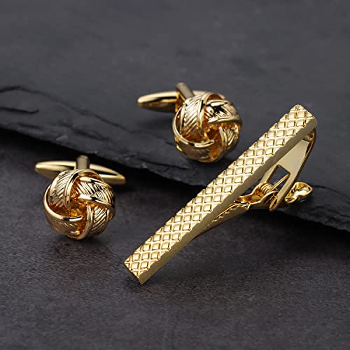HAWSON Metal Cufflinks and Tie Clip Set for Men Novelty Cuff Links and Tie Bar Gifts for Wedding Level,Football, Musical Symbols Designs - color: Gold Knot