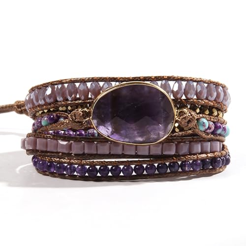 Women Wrap Bracelet Boho Natural Jasper Crystal Stone Beads Strand Bracelets - color: Style 08-Amethyst