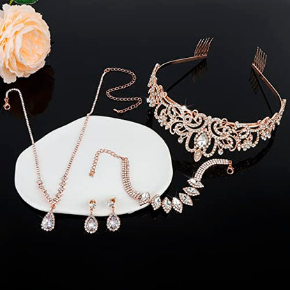 CIEHER 4/5 Pieces Women Jewelry Set - Rhinestone Crown + Drop Necklace + Elegant Bangle Bracelet + Crystal Teardrop Dangle Earrings for Bridal Wedding Party - color: Rose Gold