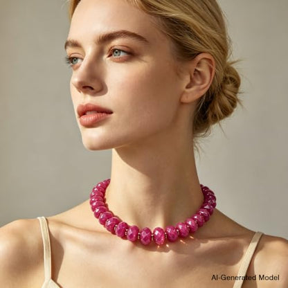 Colorful Chunky Acrylic Beaded Choker Necklaces for Women | Multicolor Faceted Beads, Sturdy Metal Chain, Adjustable Detachable, Lightweight, Summer Boho, Sparkly Statement Jewelry Gift - color: Rose Red