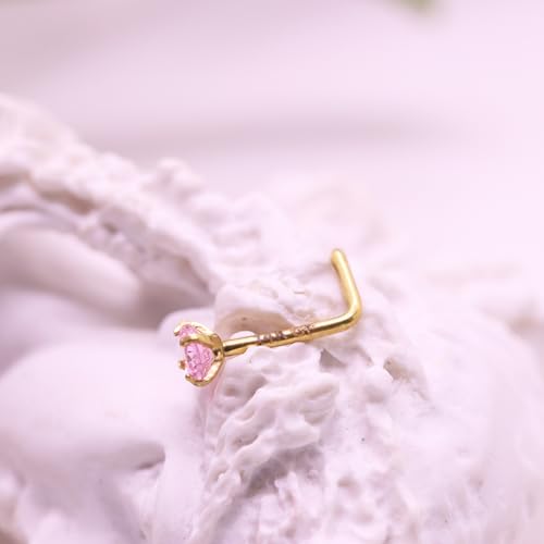 3 Pcs 14K Gold Filled Nose Studs 20G Stainless Steel Stud Nose Ring 2mm/2.5mm/3mm Round CZ L Bend Nose Stud Hypoallergenic Nose Piercing - color: pink L