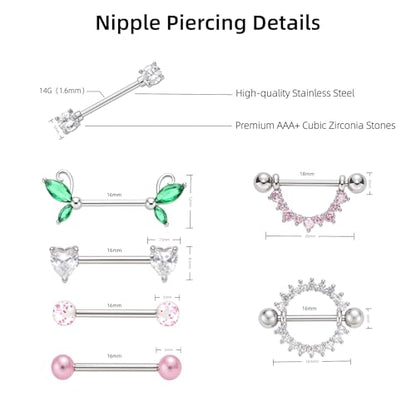G&O JFU 7 Pairs 14G Nipple Rings Set – Stainless Steel Straight Barbell with CZ Stones, Gold Plated & Silver Tone, Butterfly Back Pink Nipple Piercing Jewelry for Women - color: Silver Pink Nipple Piercing Jewelry