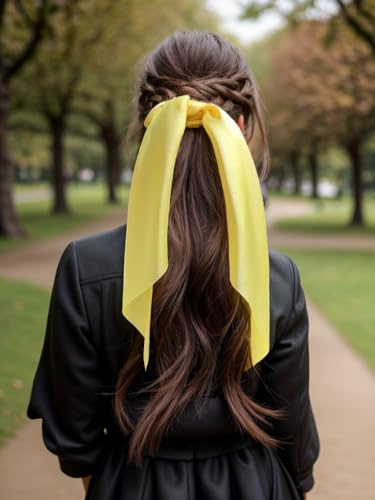 Pack of 2 Knotted Bow Hair Scrunchies Elastic Hair Scarf Hair Ties Bands Satin Hair Ribbon Scrunchy Ponytail Holder for Women and Girls, Hair Scarf Scrunchies,Hair Accessories(Yellow) - color: Yellow