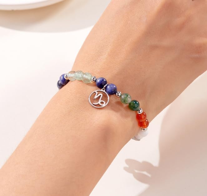 XAM 12 Zodiac Stone Beaded Bracelet - Natural Gemstone & Stainless Steel Charm Constellation Jewelry - color: D