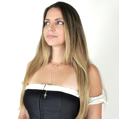 Layered Pearl Beaded Cross Necklace Minimalistic Dainty Gold Pendant Set with Crystal Cross Charm Christian Jewelry Gift for Women