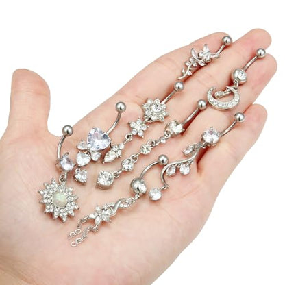 Vsnnsns 14G Dangle Belly Button Ring Piercing Jewelry 316L Stainless Surgical Steel Navel Rings Cubic Zirconia Heart Flower CZ Dangling Belly Button Ring Piercing Jewelry for Women 14 Gauge - color: Silver Tone B