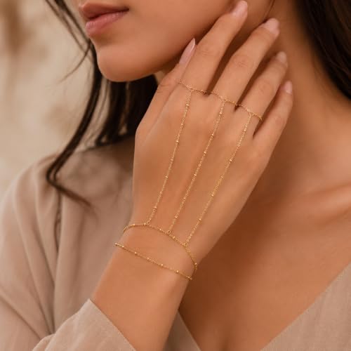 14K Gold Plated Stainless Steel Hand Chain Bracelet for Women Trendy Dainty Ring Bracelet Hand Chain Hypoallergenic Body Jewelry for Everyday Wear Cute Trendy Gifts