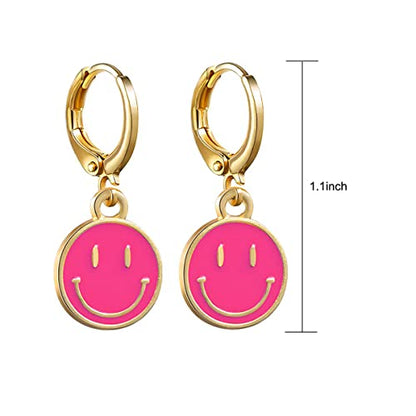 Preppy Earrings for Women Smile Face Heart Charms Pendants Gold Small Huggie Hoop Dangle Drop Earrings Trendy Y2K Jewelry Gifts - color: Smile-Pink