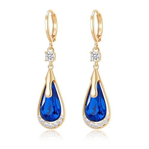 Trendy Austrian Crystal Teardrop Drop Huggie Dangle Earrings for Women 14k Rose Gold Plated Hypoallergenic Jewelry Gifts - color: Blue