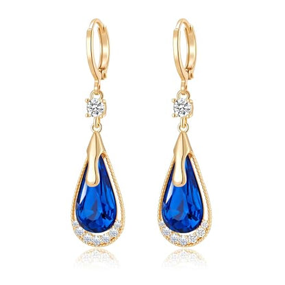 Trendy Austrian Crystal Teardrop Drop Huggie Dangle Earrings for Women 14k Rose Gold Plated Hypoallergenic Jewelry Gifts - color: Blue