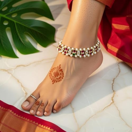 Efulgenz Indian Anklet Bracelet Bridal Crystal Faux Pearl Jhanjara Payal - color: Multi